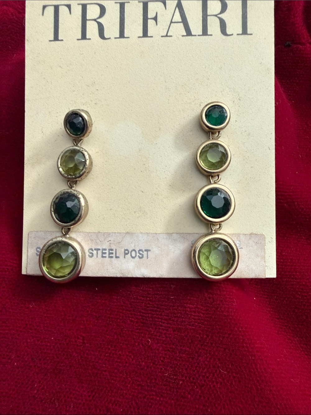 Trifari Gold-Tone Three-Drop Earrings with Dark and Light Green Stones